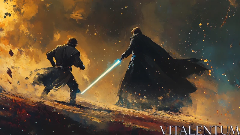 Two robed figures with energy sword in stormy landscape.