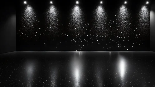 Black gallery room with overhead spotlights and particle wall.