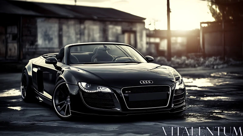 Sleek black convertible coupe glows against gritty sunset yard