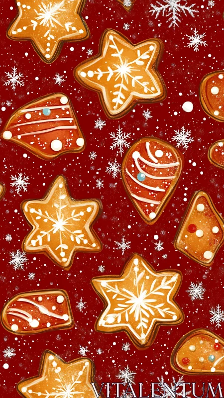 Seamless pattern of iced gingerbread cookies on red backdrop
