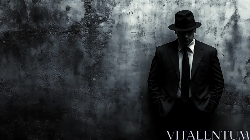 Man in dark suit and fedora leaning on grungy concrete wall.