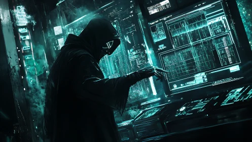 Hooded operator interacts with illuminated data interfaces