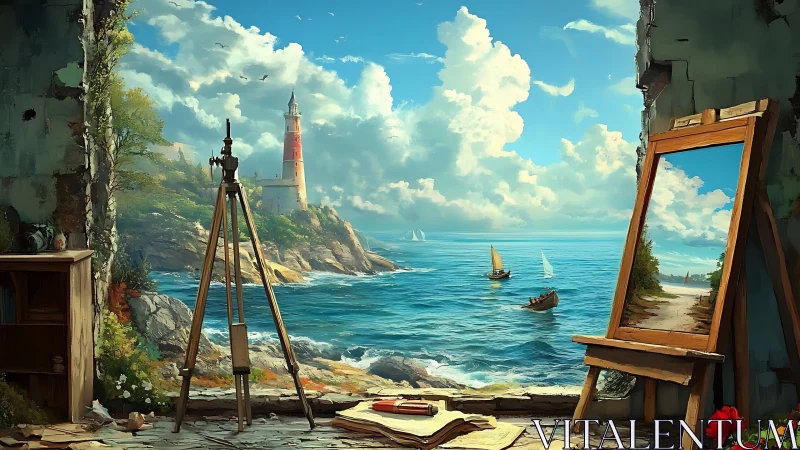 Seaside studio portal where lighthouse and canvas trade places.
