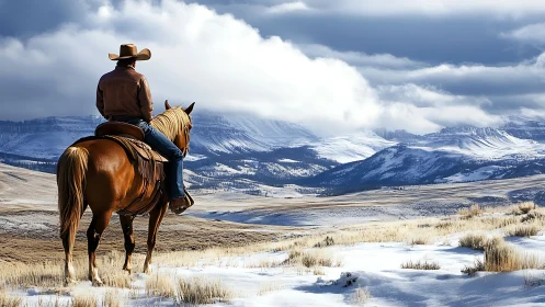 Mounted rider surveys snow-dusted mountain valley under dense clouds