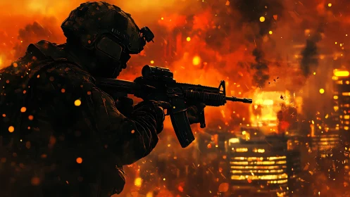 Silhouetted urban soldier framed by blazing inferno backdrop.