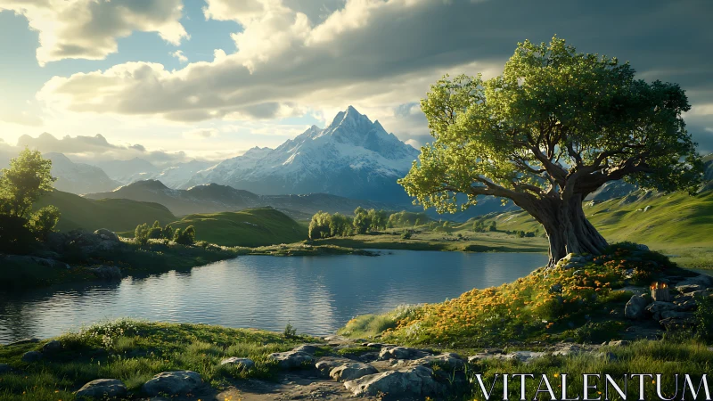 Mountain lake landscape with solitary tree and cloud cover.