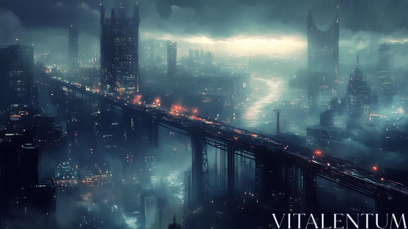 Cyberpunk elevated expressway over neon stormbound megacity.