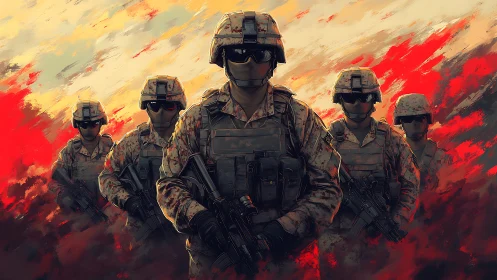 Armored soldiers advance through burning abstract battlefield haze