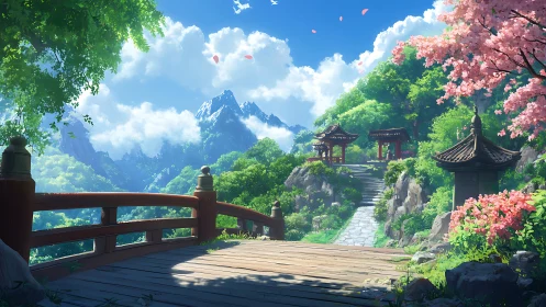 Peaceful mountain bridge leading to sunny blossom temples.