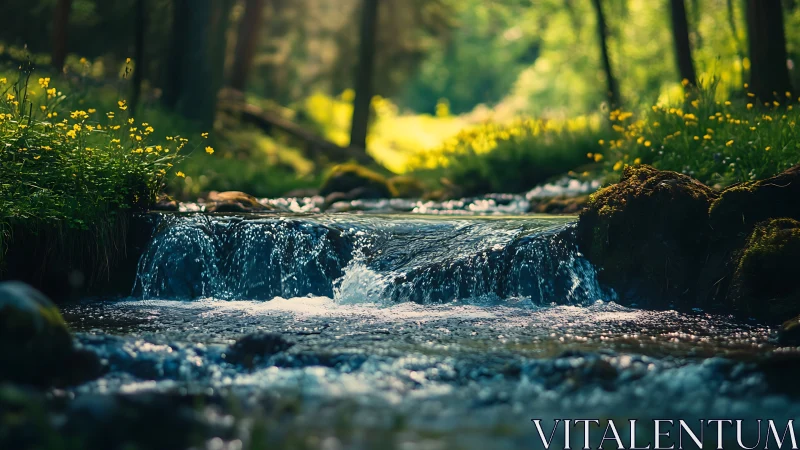 Peaceful forest stream with wildflowers in soft natural light.