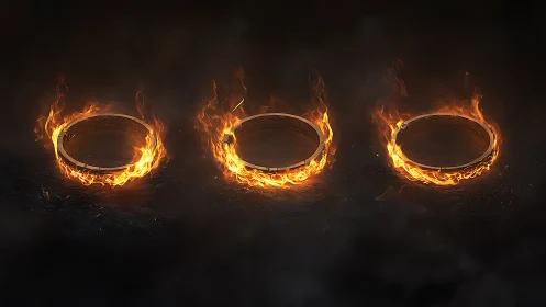 Three Blazing Tire Rings Against Darkness.