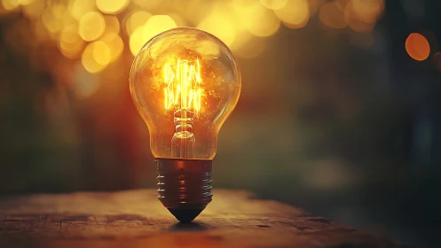 Incandescent light bulb on wooden surface at dusk.