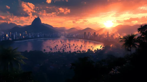 Sunburst over tropical bay cityscape in molten gold hush.