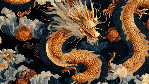 Coiled oriental dragon rendered with detailed scaled body