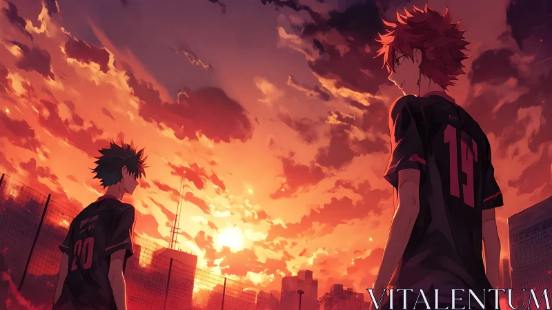 Two soccer players face burning orange sunset sky together