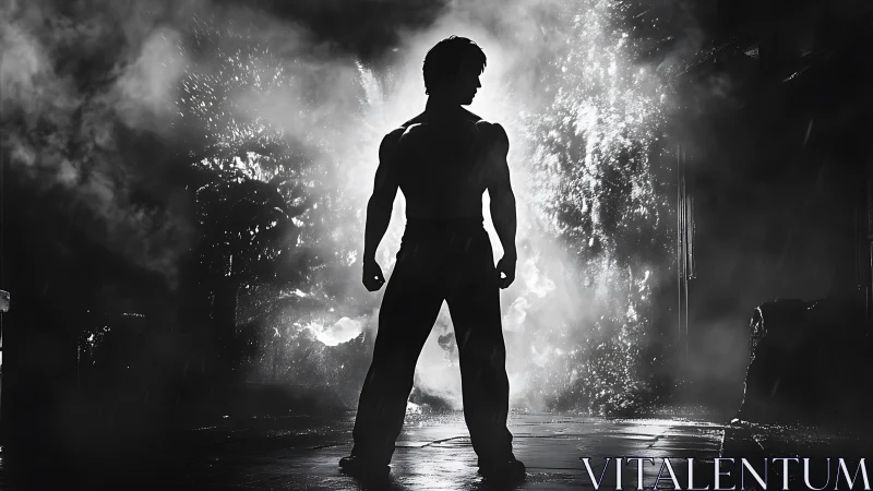 Silhouetted fighter confronts swirling smoke in stark alley