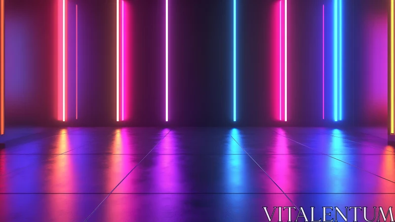 Neon light corridor with glowing reflections on floor.