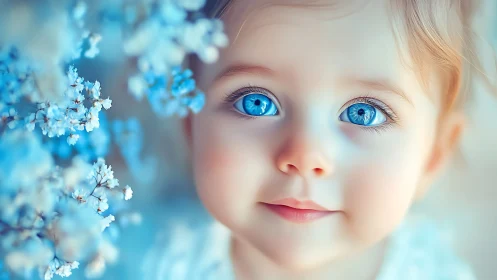 Young child with striking blue eyes gazes at small white flowers.