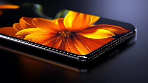 Bloom-lit smartphone altar where glass courts a golden flower.