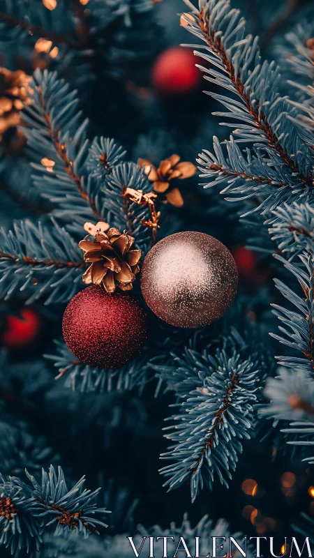 Close-up of decorated fir branches with baubles and cones.