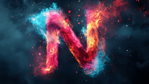 Flaming neon letter N ignites against a dark smoky void