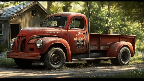 Red vintage pickup truck parked beside small wooden shed.