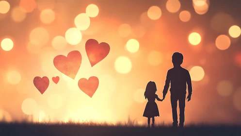 Silhouetted figures holding hands beneath floating hearts.