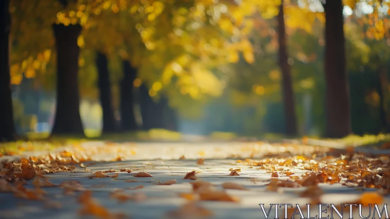 Golden leaves drift along a sunlit parkway in soft focus.