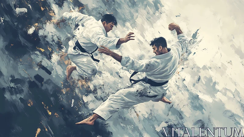 Martial artists collide midair in a storm of dynamic brushwork