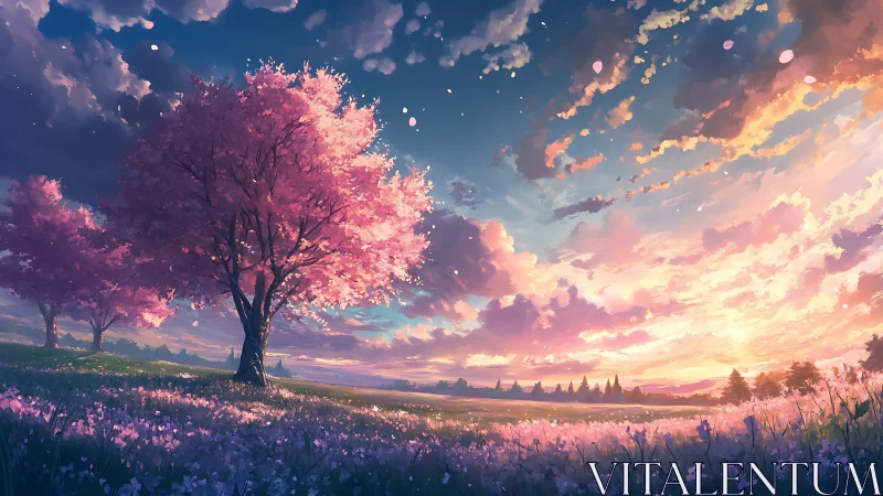 Pink blossom trees in open meadow under vivid sunset sky.