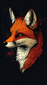 Ember-eyed fox portrait carved from midnight shadows.