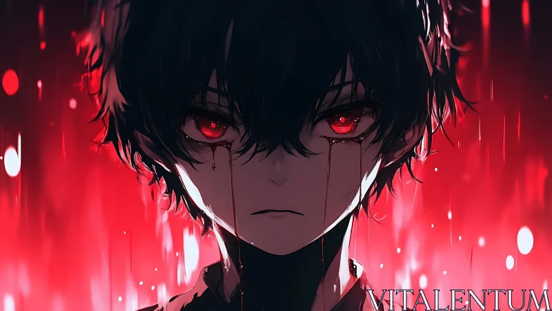 Red-eyed anime boy stands in a burning veil of sorrow