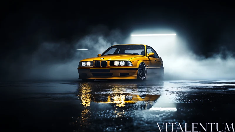 Yellow sports coupe stands under harsh backlight on wet asphalt