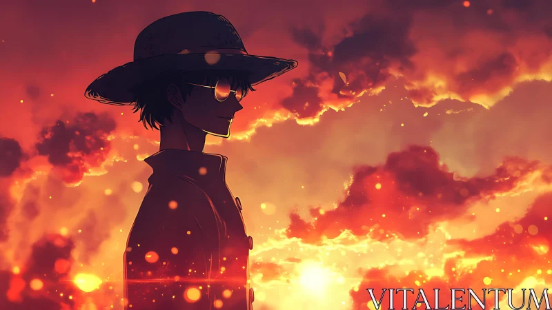 Silhouetted figure in hat stands before luminous cloud field