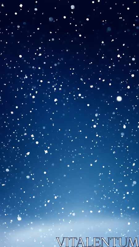 Silent snowflakes drifting through deep midnight blue sky.