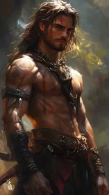 Warrior in sunlit forest pausing with quiet, rugged strength.