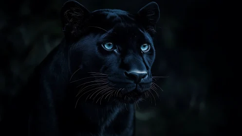 Black Panther with Luminous Blue Eyes in Darkness