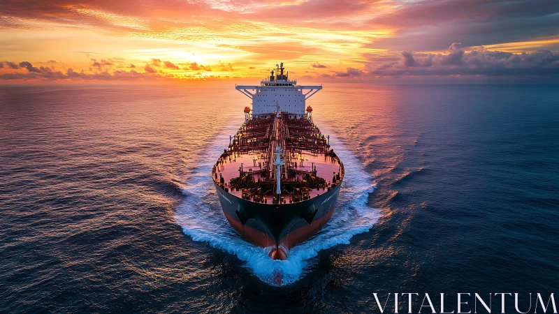 Large oil tanker cutting through calm sea at sunset.