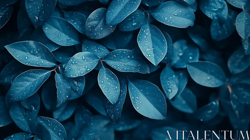 Macro chromatic study of raindrops on cyan-toned foliage.