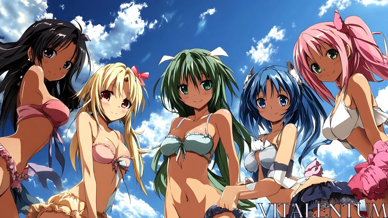 Colorful anime beach girls pose under vivid summer sky.