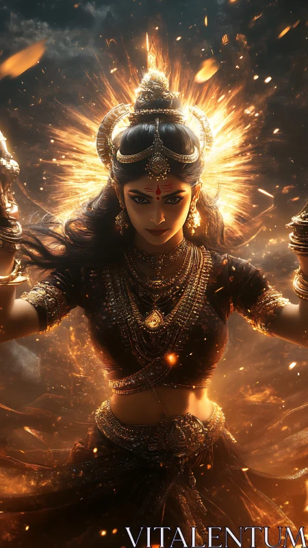Blazing goddess ascends in swirling ember crowned radiance.