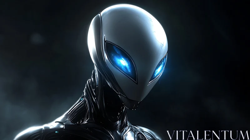 Futuristic android with glowing eyes emerges from dark void