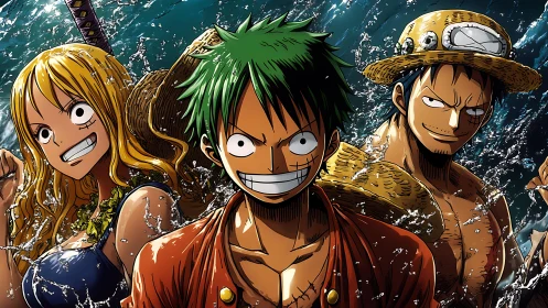 Bold trio of anime pirates smiles through splashing waves