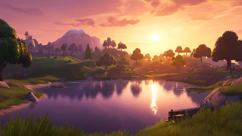 Colorful stylized lake landscape under bright sunset light.