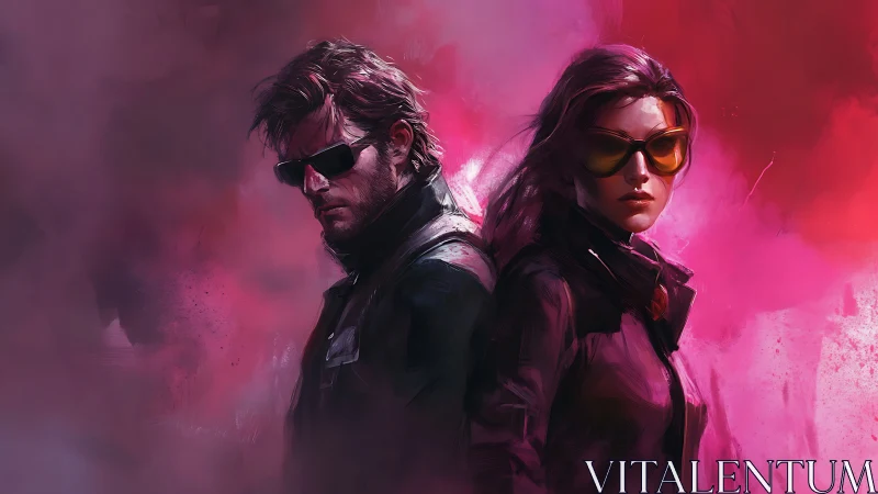 Cool-toned duo in jackets against pink smoke backdrop.