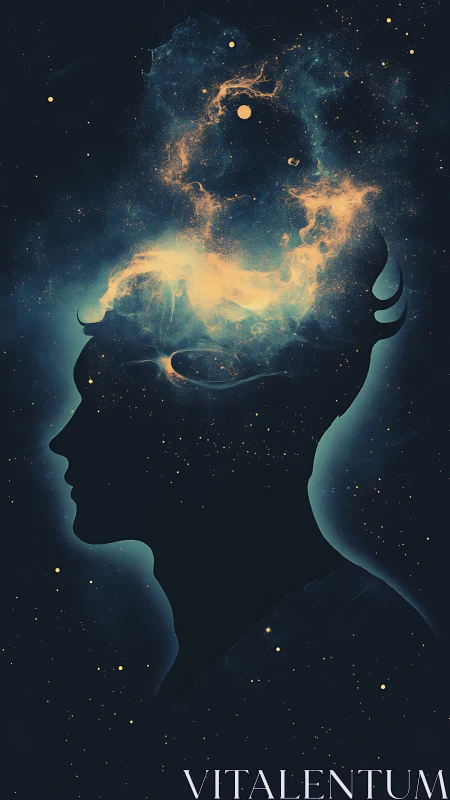 Celestial human silhouette merging with glowing cosmic nebula.