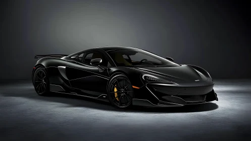 Black mid‑engine sports coupe is parked in controlled studio light