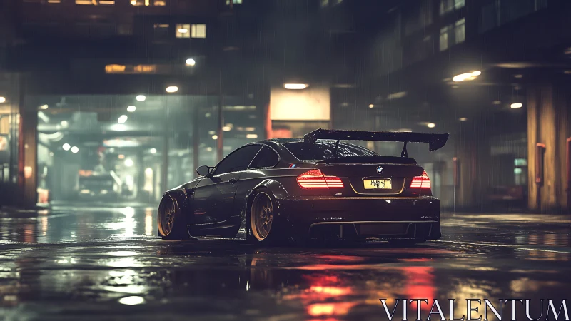 Widebody BMW coupe in wet neon-lit industrial nightscape