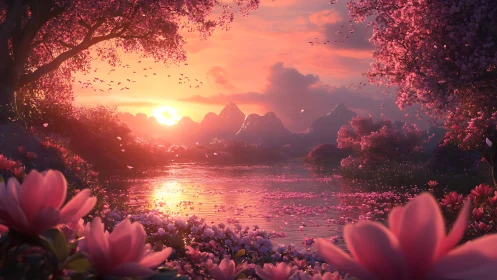 Sunset blossoms mirror over tranquil rose-gold lake.