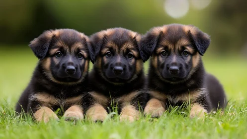 Three shepherd pups practice perfect symmetry on spring grass